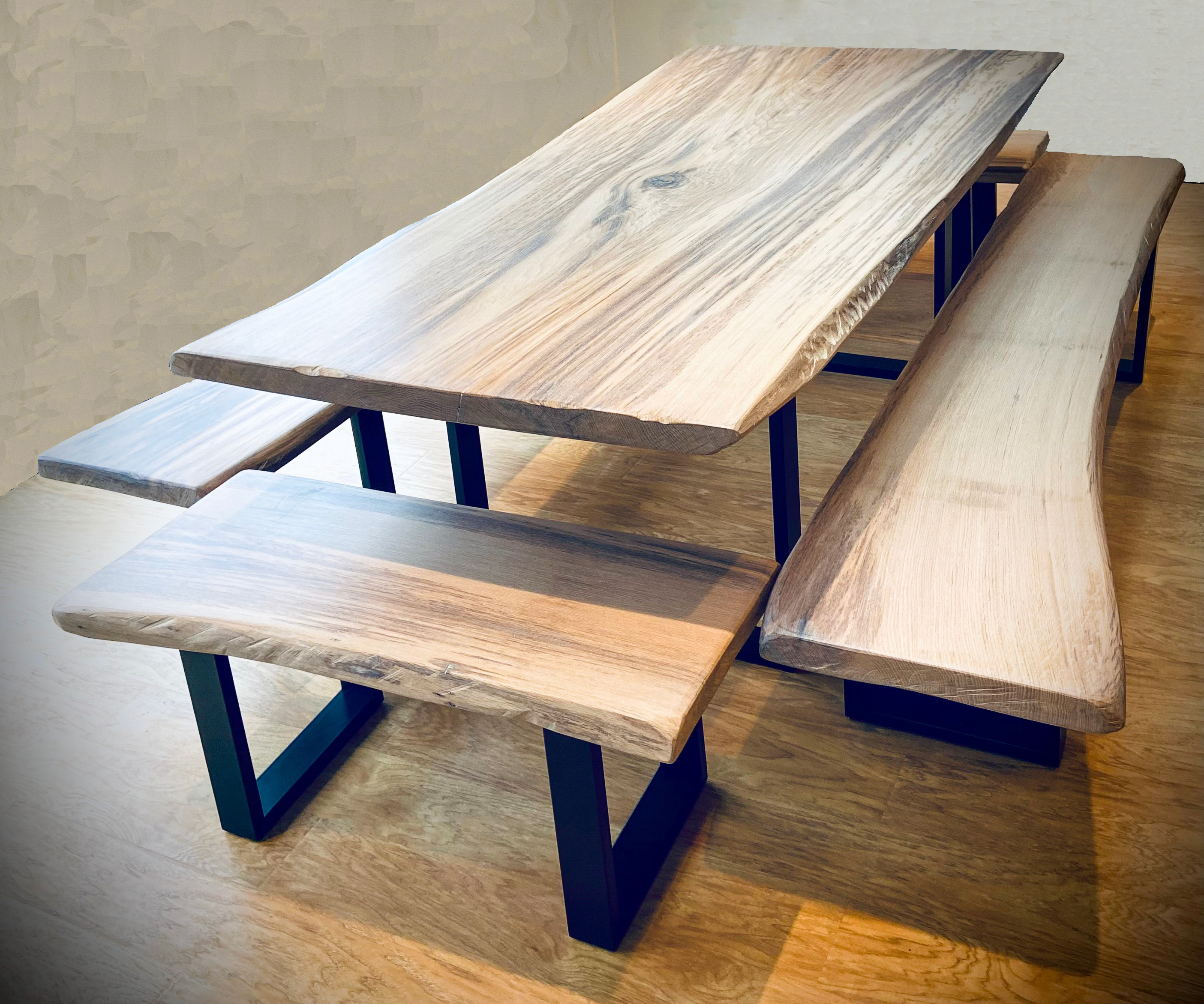 Custom made oak dining table with benches